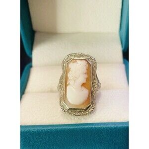 Genuine Art Deco 14k Gold Cameo Filigree Ring Sz 5.5